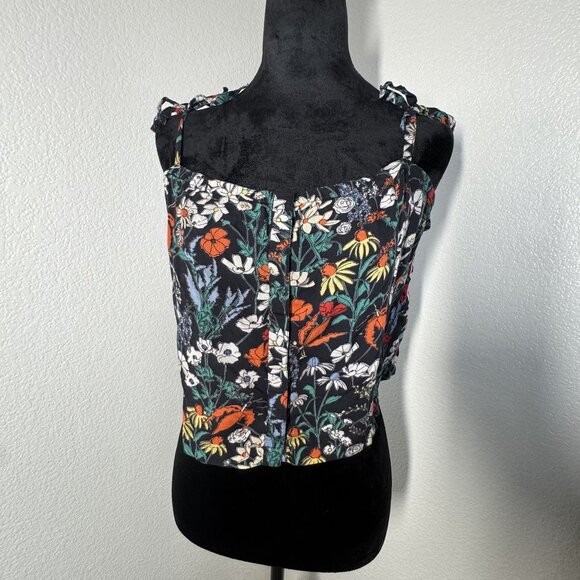 RVCA Womens Floral Print Button Down Crop Top Black Multicolor Size L - Picture 2 of 7